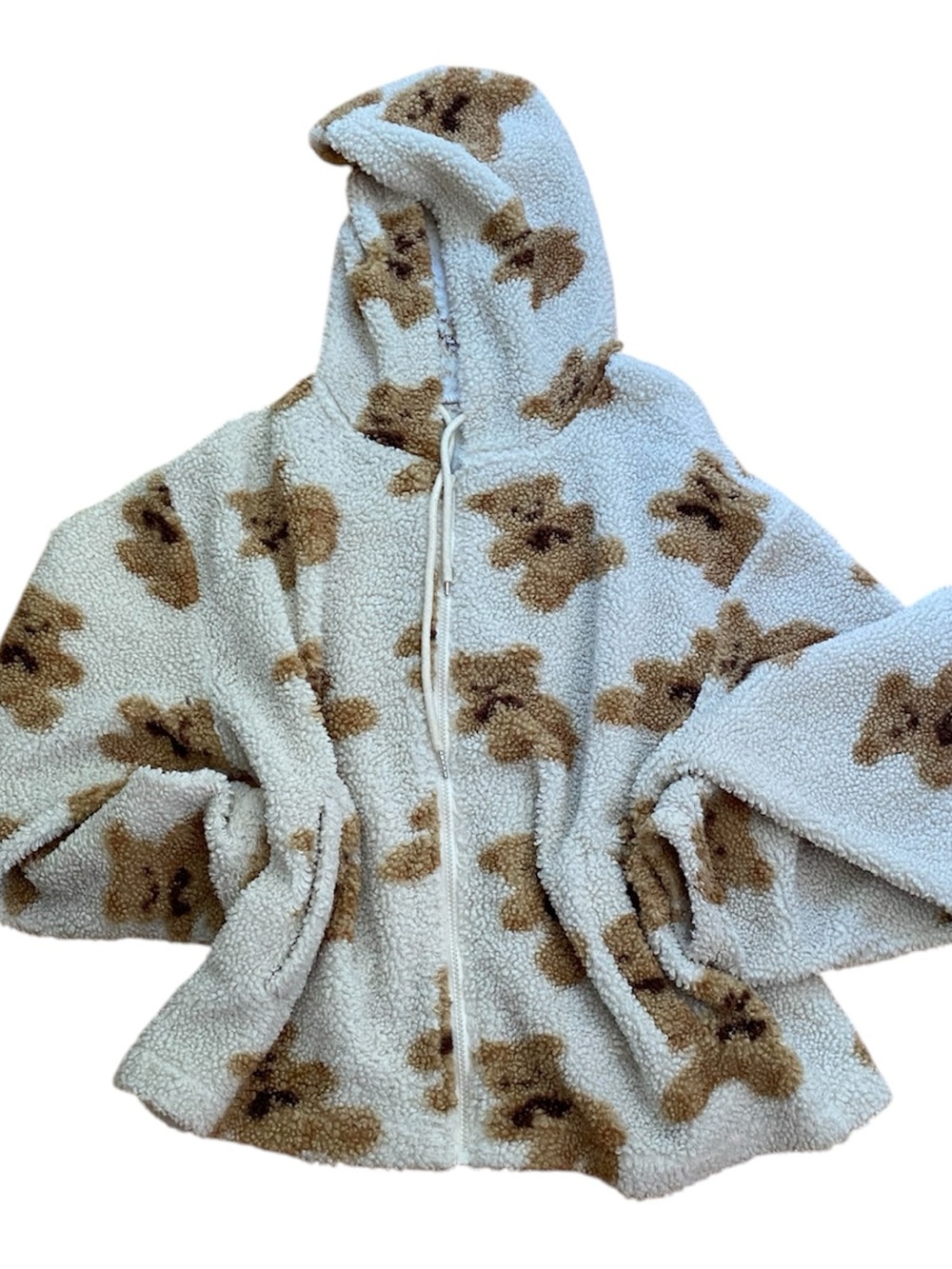 Cozy Teddy Sherpa Hoodie Jacket - Cream with Brown Bear Print